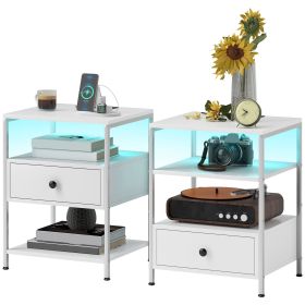 Set of 2 Side Tables with Charging Stations and LED Lights, End Tables with Drawer and Shelves for Living Room, White