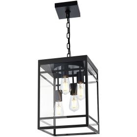 Large Outdoor Pendant Light for Porch, Black Outdoor Hanging Light Fixture with Seeded Glass Panel