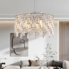 24" Luxurious Round Silver Crystal Chandelier, Contemporary Rectangular Pendant Light for Dining Room, Living Room