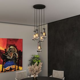 5 Light Cluster Pendant Lights, Black High Ceiling Chandeliers Adjustable, Living Room Pendant Light, Foyer Chandeliers, Stairwell Pendant Lighti (Color: Black, Material: Iron)